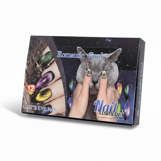 Romantic Cool Cat's Eye Glitter Press On Nails Box – Single Box Contains 12 Nails | Multi Colors | Artificial False Nails for Women & Girls | Glossy Shiny Finish | Nail Art Kit